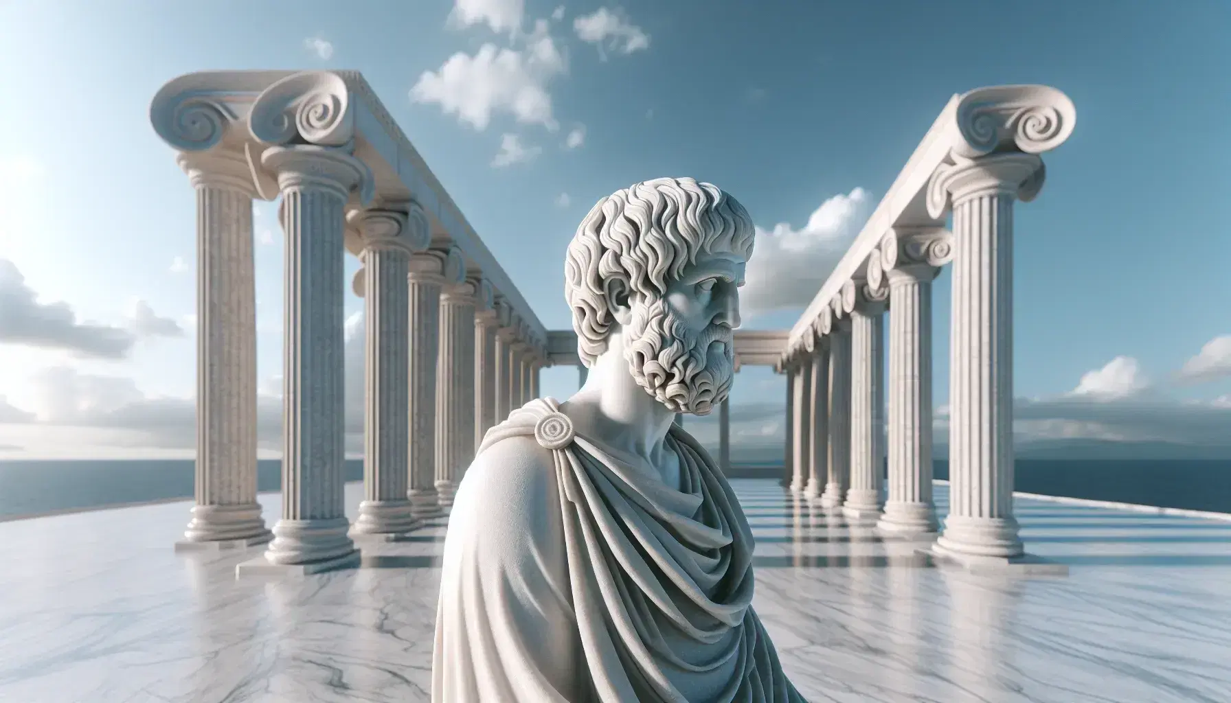 Estatua de mármol blanco de Aristóteles con túnica, frente a columnas dóricas y cielo azul, reflejando la arquitectura clásica griega.