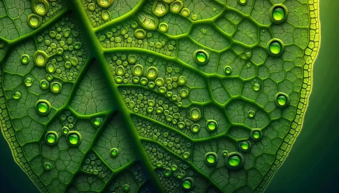 Close-up view of the underside of a leaf showing oval stomata and kidney-shaped guard cells among the green veins on a blurred background.