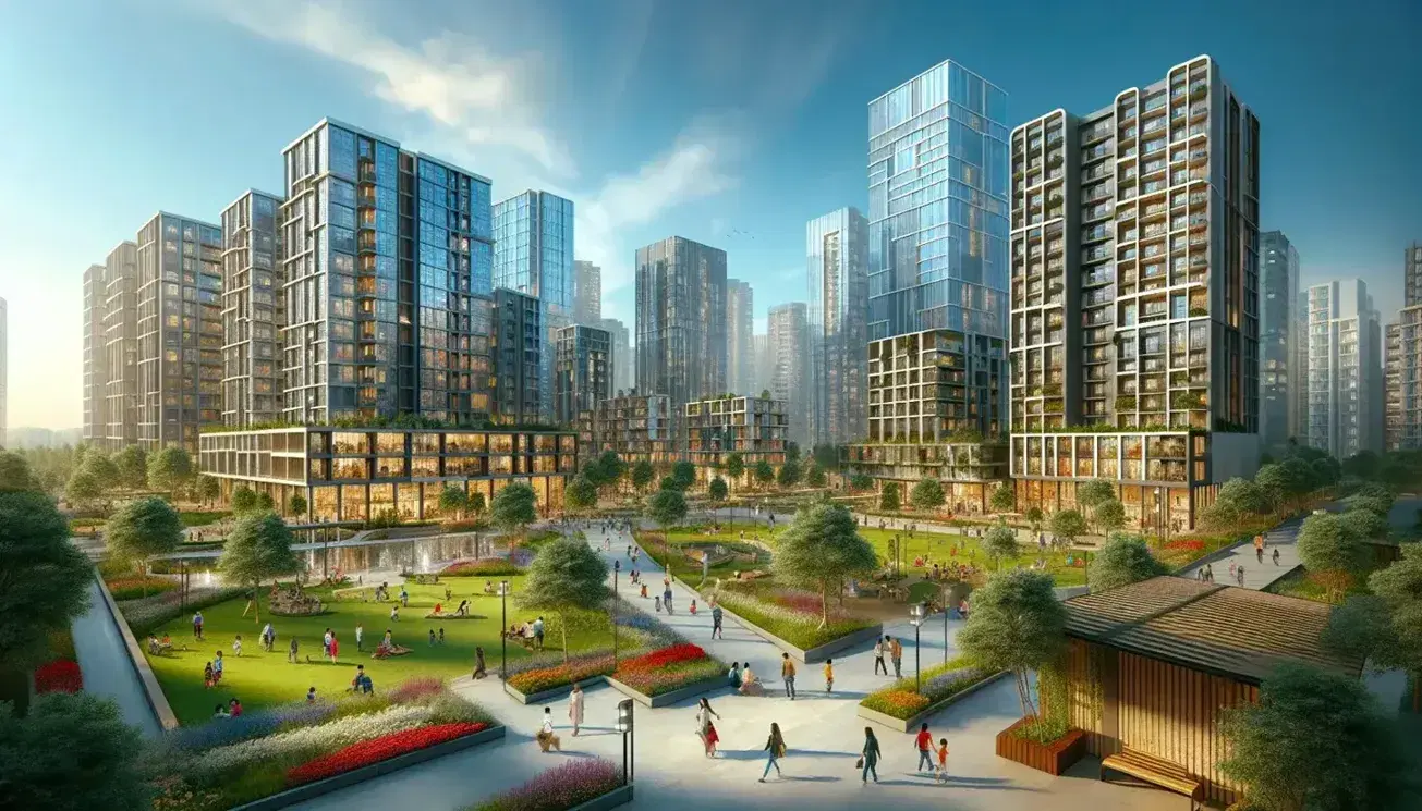 Modern cityscape with skyscrapers and public park, walking people, playing children and dogs, under clear blue sky.