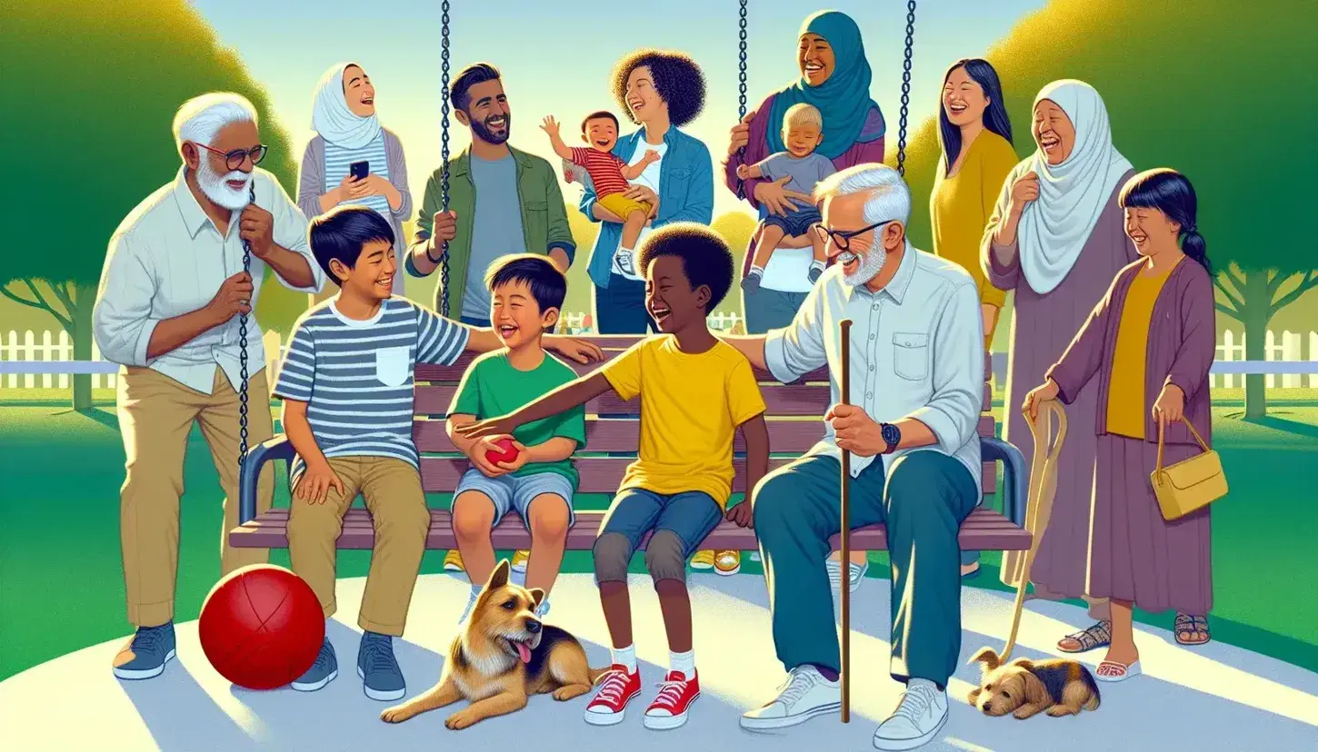 Hot day in park with South Asian family laughing, children playing with red ball, parent and child on swing, teenagers with smartphone, Asian elderly couple on bench.
