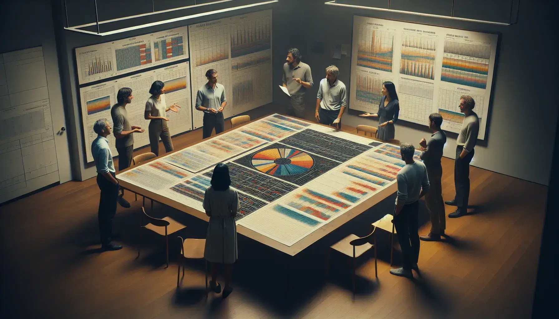 Grupo de personas analizando gráficos de colores en una reunión, con diagramas de barras, líneas y puntos sobre una mesa, en un ambiente de trabajo colaborativo.