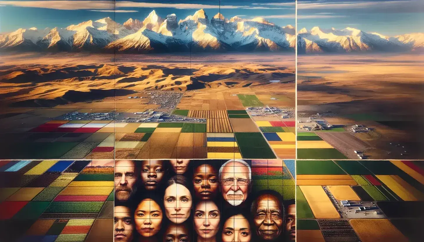 Collage fotografico USA con montagne innevate, varietà di volti umani espressivi e veduta aerea di campi agricoli colorati.