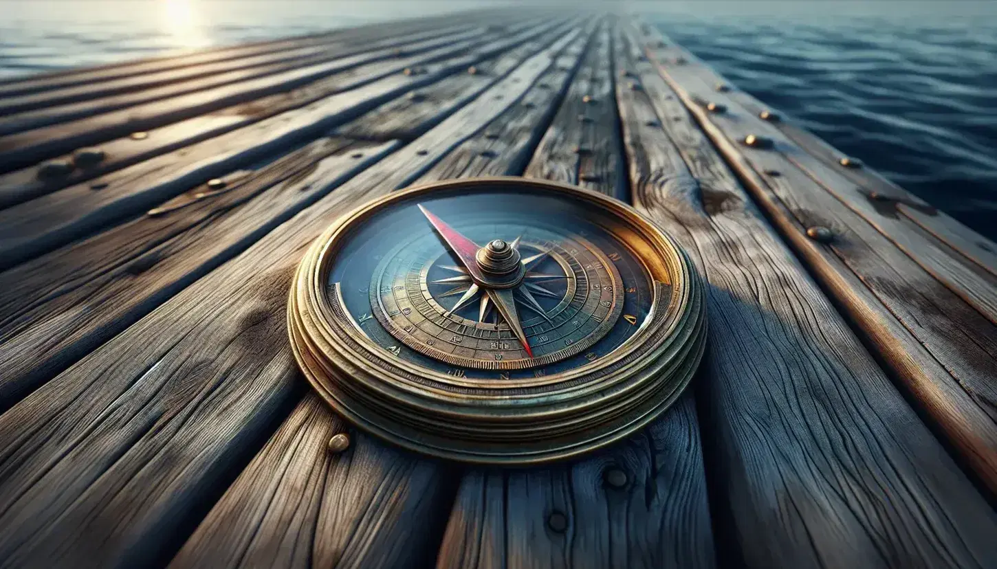 Close-up view of a polished brass compass with a red needle on a weathered wooden deck, reflecting the sky, with calm waters in the background.