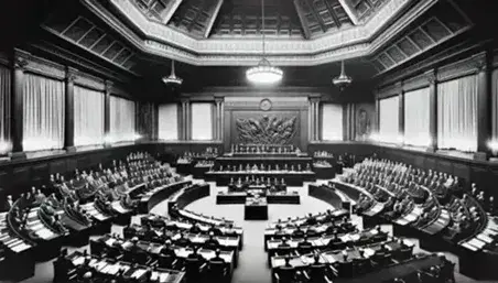 Sala dell'Assemblea Costituente del 1946-47 con banchi semicircolari, oratori al podio e soffitto decorato.