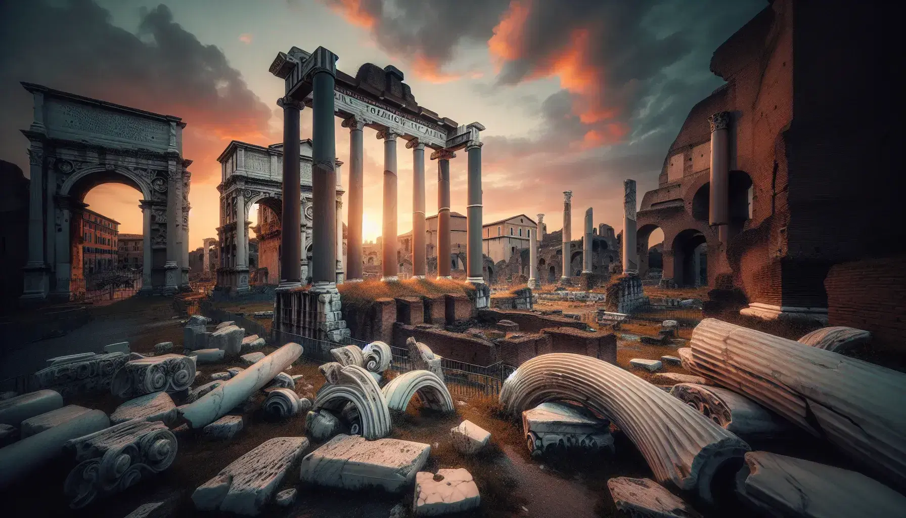 Rovine del Foro Romano al tramonto con colonne spezzate e architravi di marmo su terreno erboso, cielo sfumato arancione e rosa.