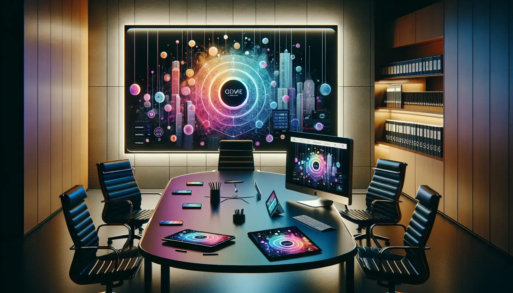 Modern office showcasing digital business presence with vibrant website on devices, a formal legal conference setup, and diverse organizational building models.