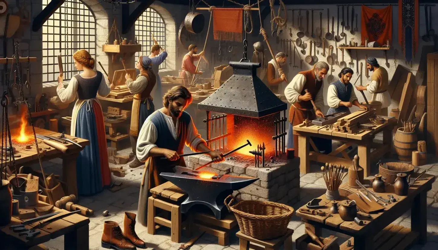 Medieval workshop scene with Hispanic female blacksmith, Caucasian male carpenter, and South Asian male weaver crafting amidst tools and finished goods.