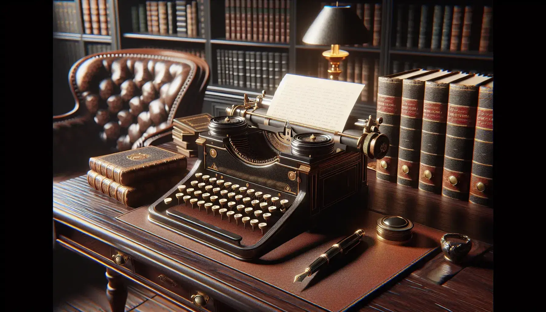 Scrivania antica in legno scuro con macchina da scrivere vintage, penna stilografica su tappetino in pelle e libro rilegato, sfondo di libreria sfocata.
