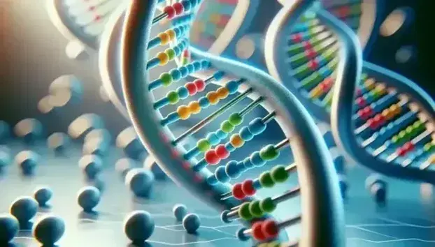 Three-dimensional model of double helix DNA with base pairs colored blue and red for adenine and thymine, green and yellow for cytosine and guanine, on a blurred laboratory background.