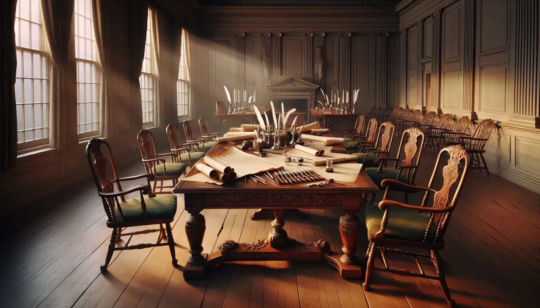 Late 18th-century scene in Independence Hall with a central wooden table, quill pens, sealed parchments, and high-backed chairs in a sunlit room.