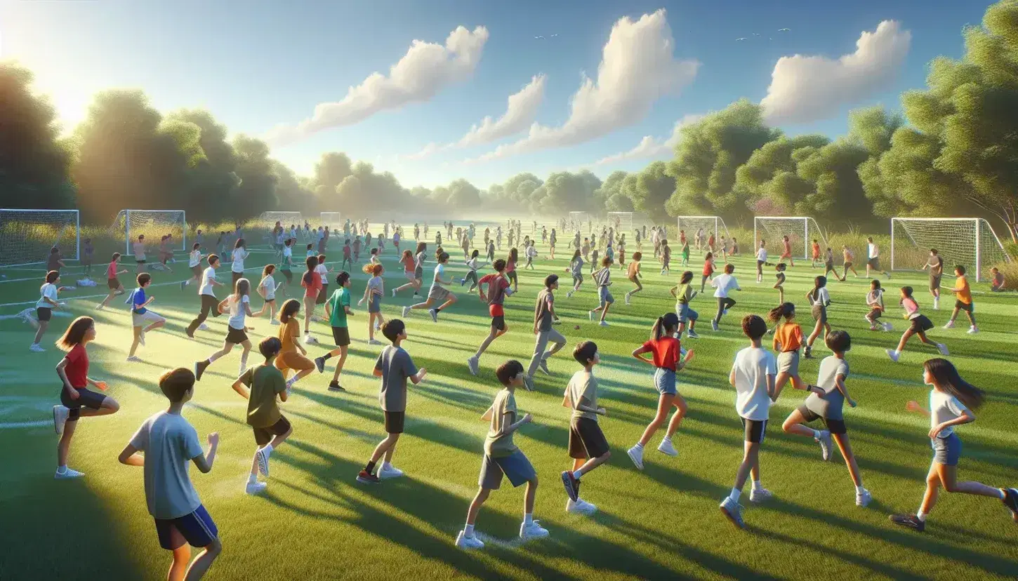 Estudiantes de diversas edades y etnias realizando actividades deportivas al aire libre en un campo verde bajo un cielo azul.