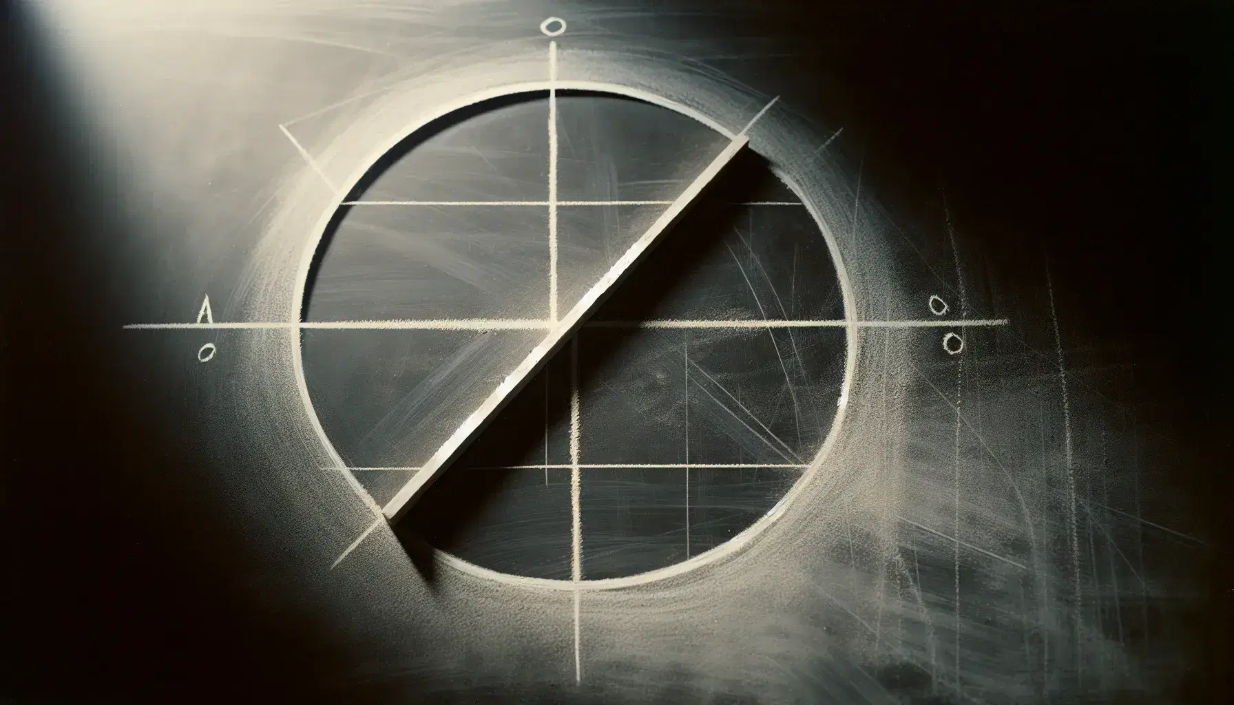 Close-up view of a circle with an inscribed angle and intersecting lines on a dusty blackboard, with a shaded sector and faint chalk smudges.