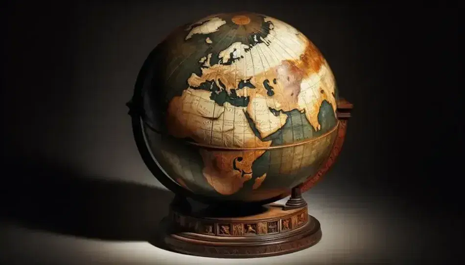 Mappamondo antico riproducente Europa e Nord Africa con mari in sfumature di blu, continenti in marrone e verde, su supporto in legno scuro intagliato.