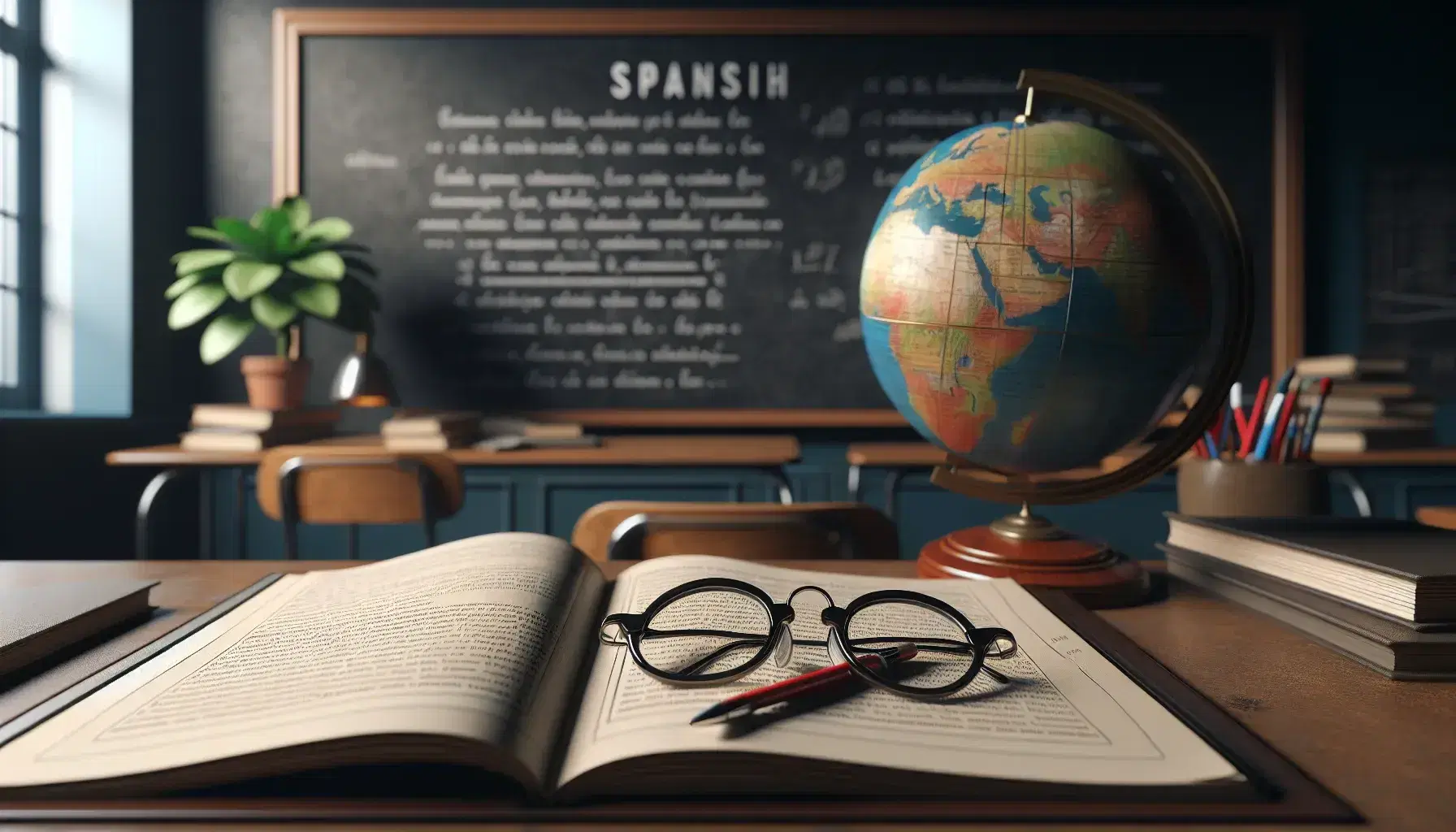 Spanish classroom with teacher's desk, open textbook, eyeglasses, red pen, clean chalkboard, globe, and potted plant on a checkerboard floor.