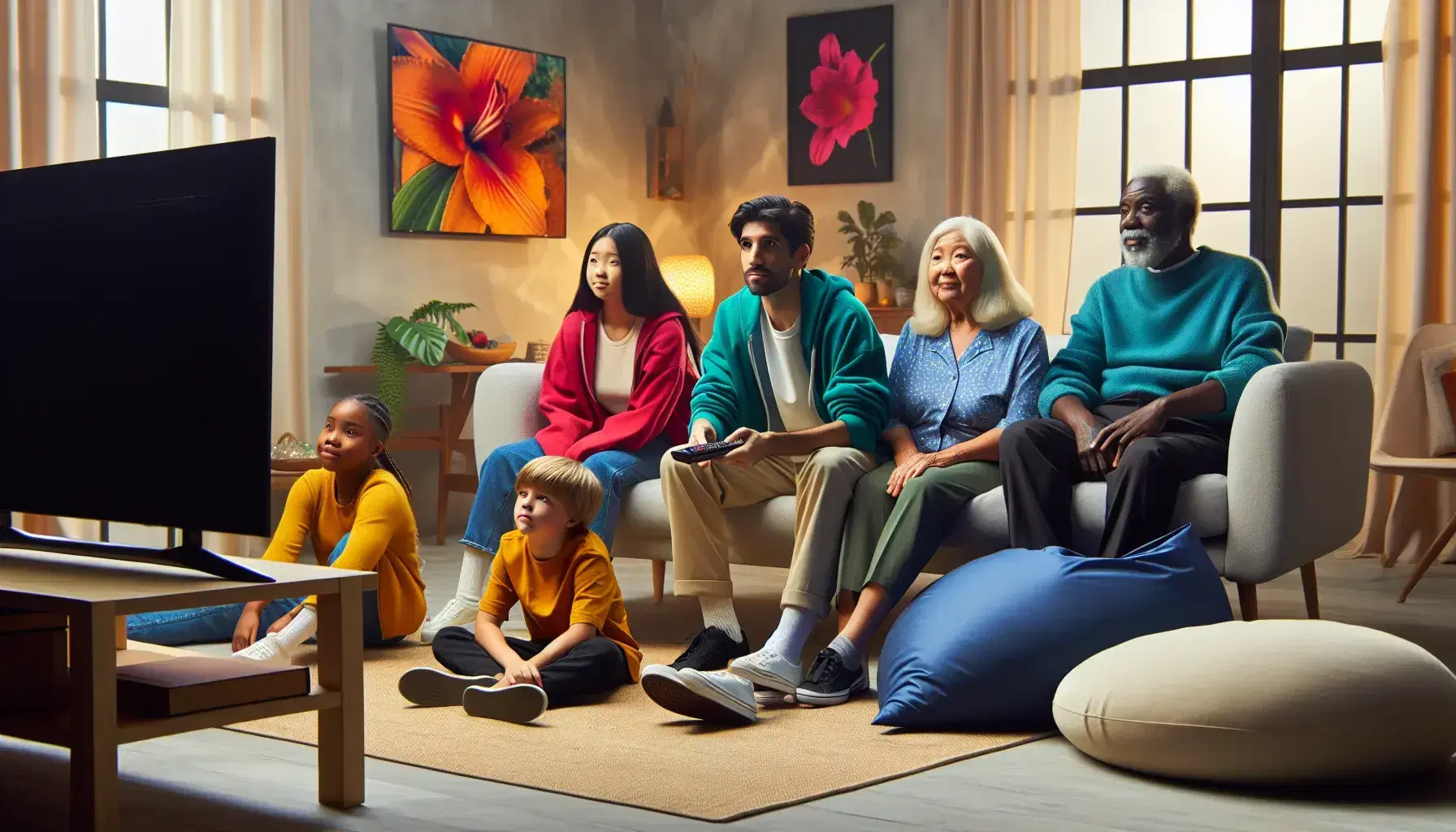 Multigenerational and ethnically diverse family watches TV together, with curious child, teenager, middle-aged couple and elderly people in cozy living room.