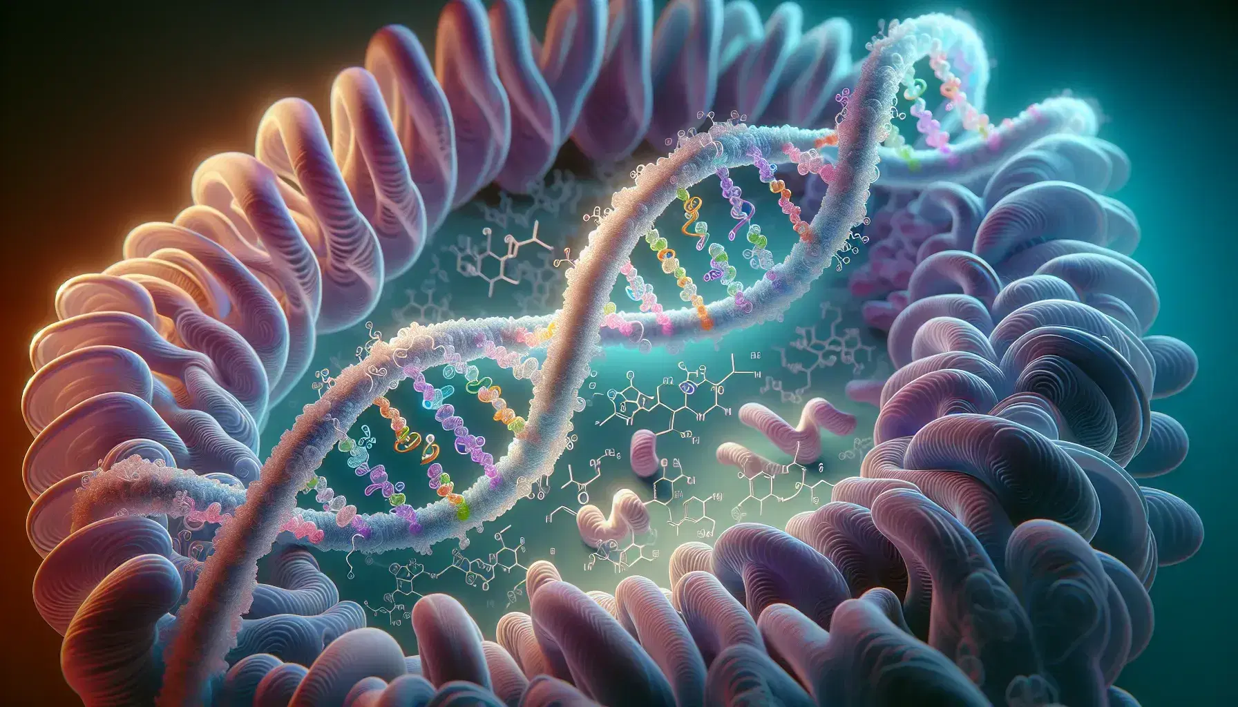 Translucent three-dimensional structure of double-stranded DNA with colored bases, purple and pink gradient ribbon protein, and brown-gray spherical prion on a blurry blue background.