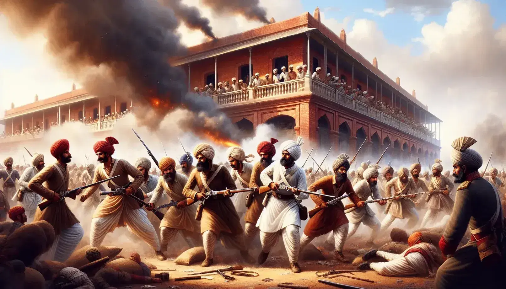 Sepoy Rebellion scene with Indian soldiers wielding rifles and swords amid battle smoke, near a damaged British colonial building under a clear sky.