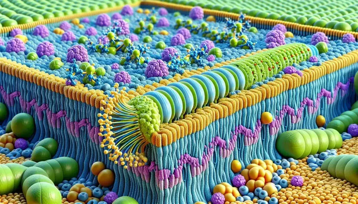 Detailed model of cell membrane with sphingolipid and phospholipid molecule, highlighting the complex structure and vivid colors.
