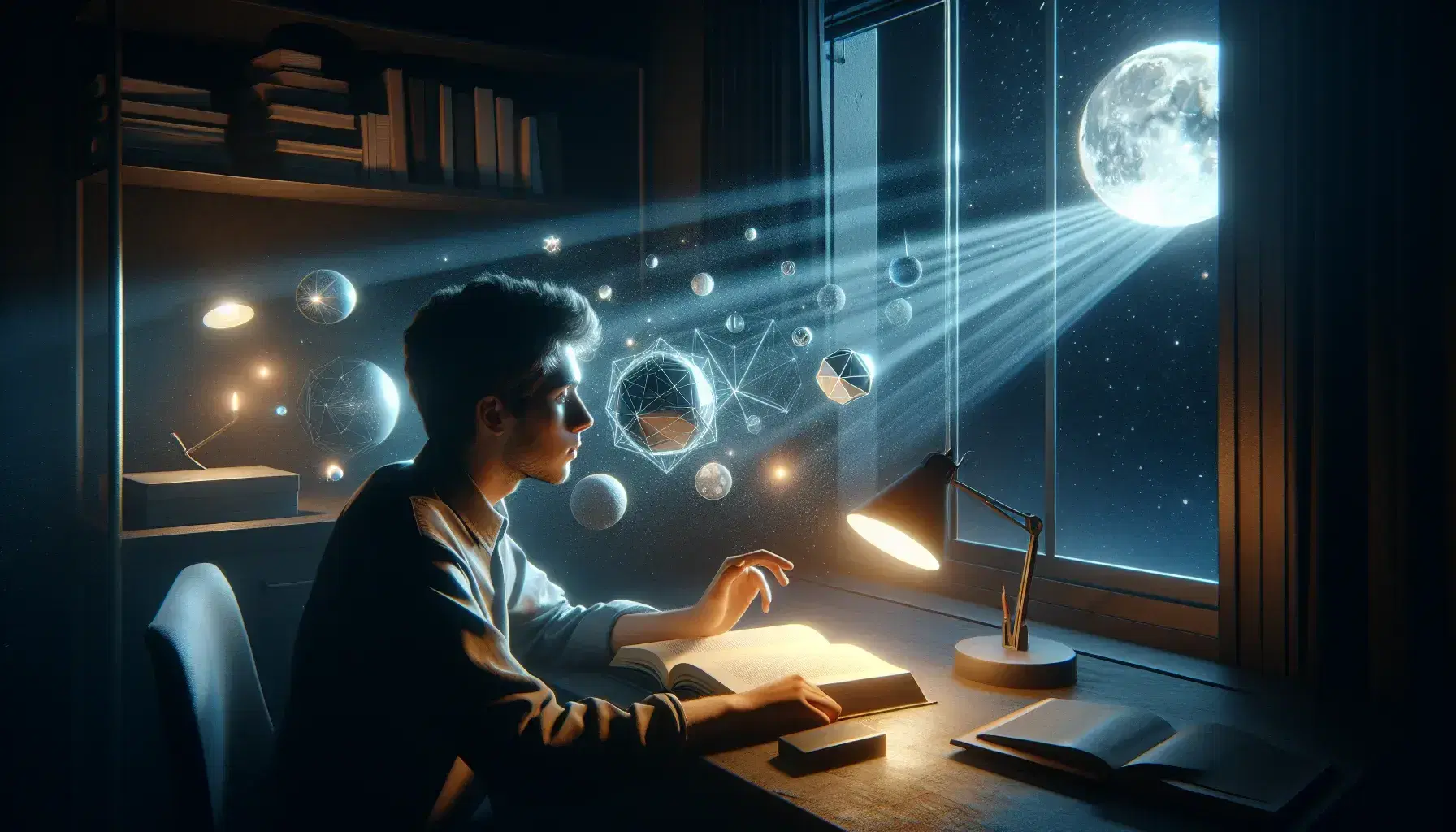 Joven concentrado estudiando de noche con un libro abierto iluminado por una lámpara y la luz de la luna, mientras figuras geométricas flotan en el aire en una habitación ordenada.