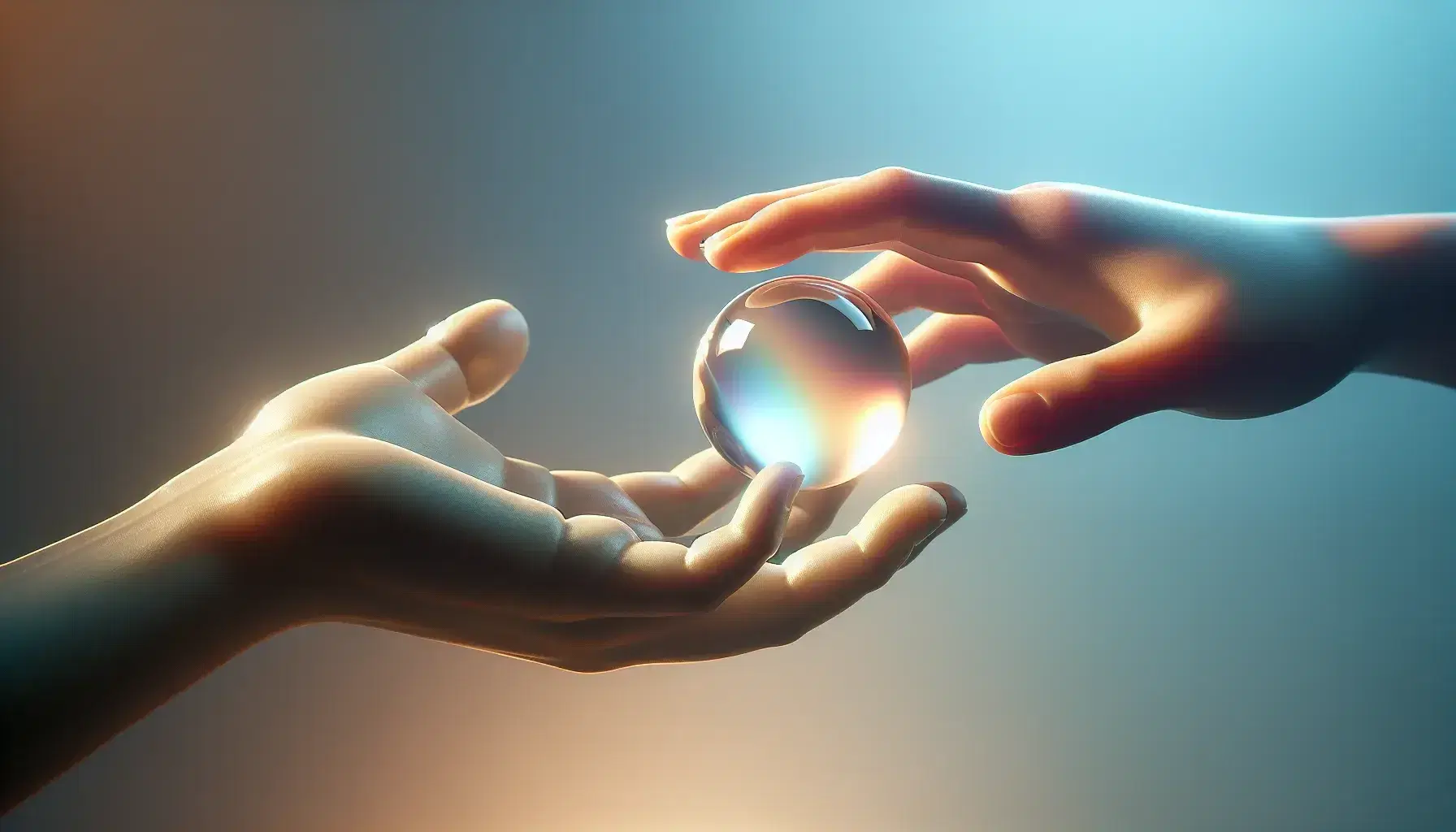 Light hand passing a smooth, colorful sphere to a dark hand on blue-green gradient background, reflecting soft light.