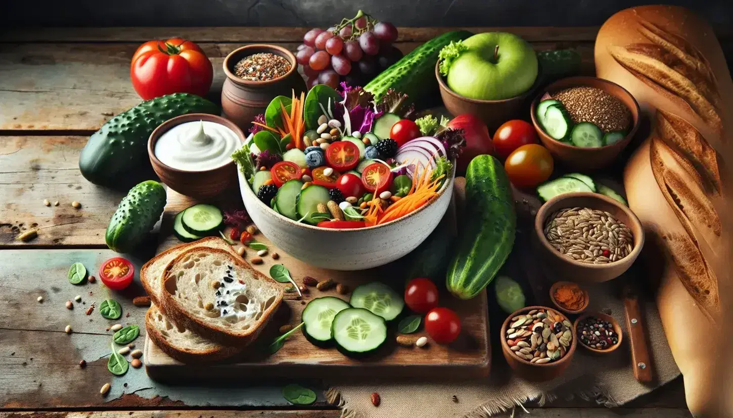 Fresh whole foods on a wooden table featuring a colorful salad, yogurt, grapes, kiwi, whole-grain bread, sauerkraut, almonds, flaxseeds, water with lemon, and a green apple.