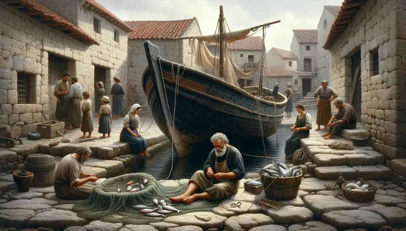 Scena di vita quotidiana di una famiglia di pescatori in un antico villaggio marittimo al tramonto, con riparazione reti e giochi infantili.