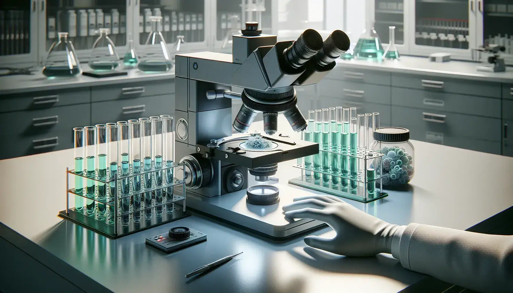 Microscopio elettronico in laboratorio di ricerca biomedica con provette colorate su tavolo bianco e braccio guantato che regola la messa a fuoco.