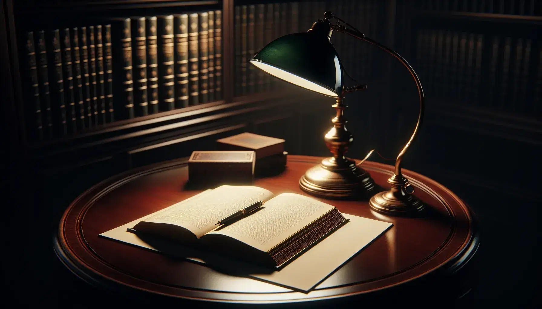 Serene library scene with a round mahogany table, open book under a vintage brass lamp, black fountain pen on notepad, and blurred bookshelves in the background.