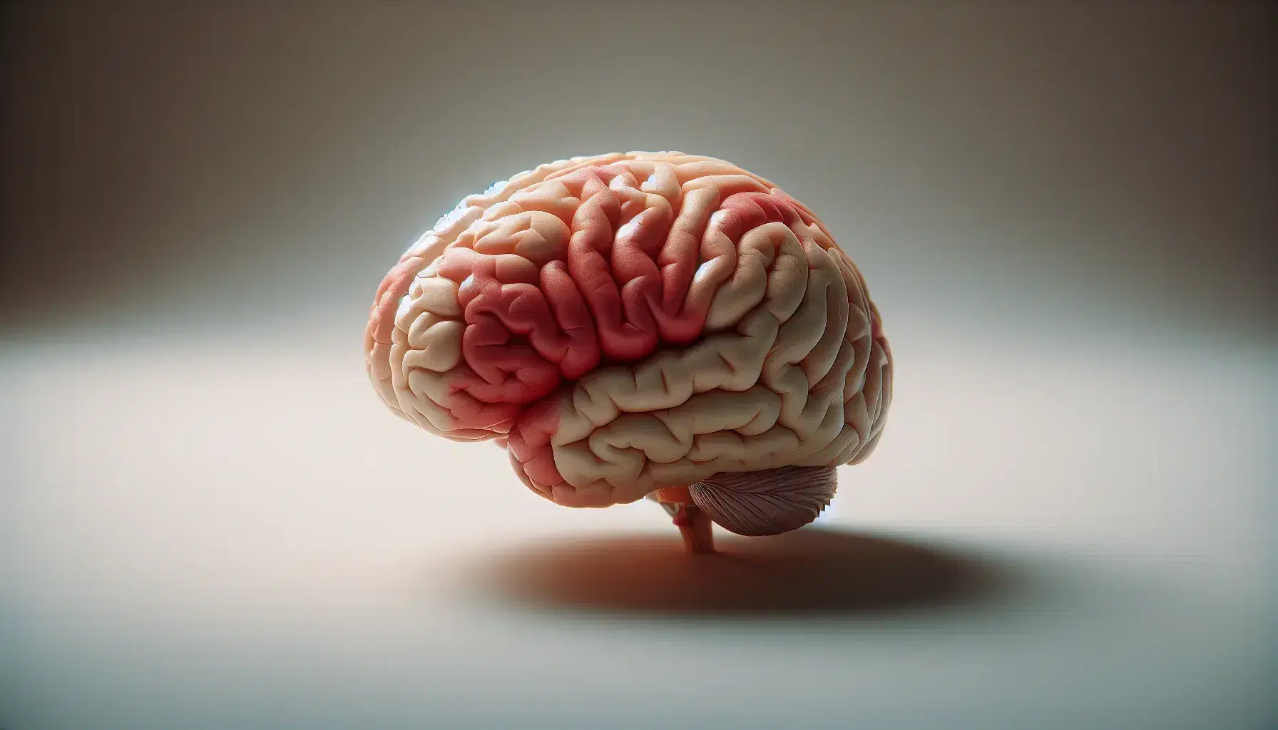 Detailed model of the human brain sectioned sagittally on a neutral background, with evidence of internal structures such as the corpus callosum.