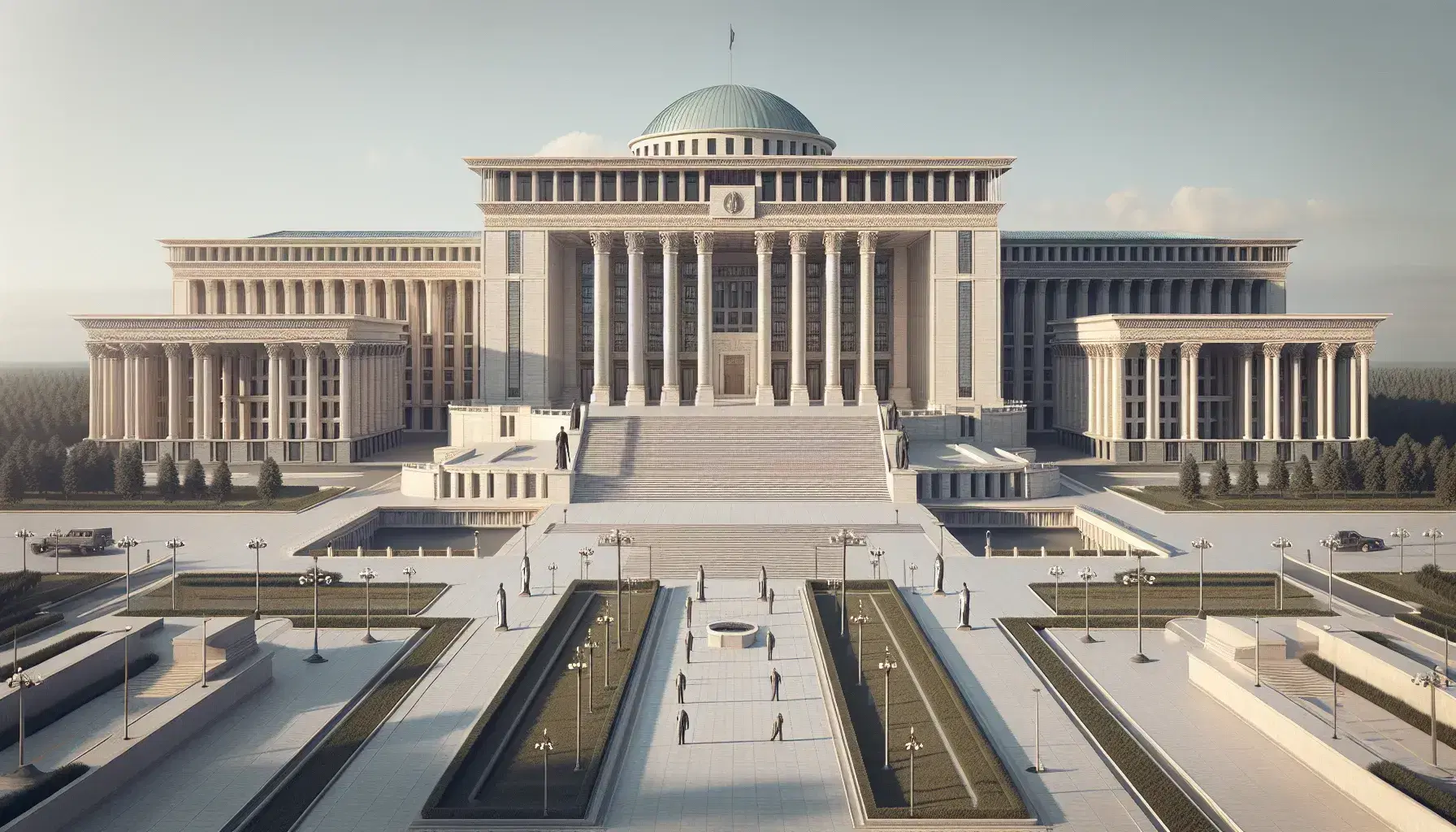 Neoclassical government building with a large dome, symmetrical columns, and statues holding scrolls, set against a clear blue sky.