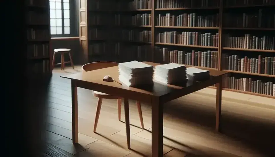 Biblioteca tranquila con estantes de madera oscura llenos de libros, mesa con papeles y lápiz, y silla con cojín beige.