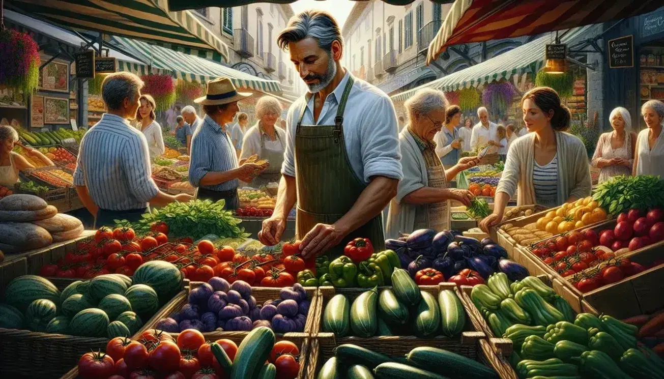 Mercato all'aperto con uomo d'affari al banco frutta e verdura, clienti vari intenti a scegliere prodotti freschi sotto tenda a righe.
