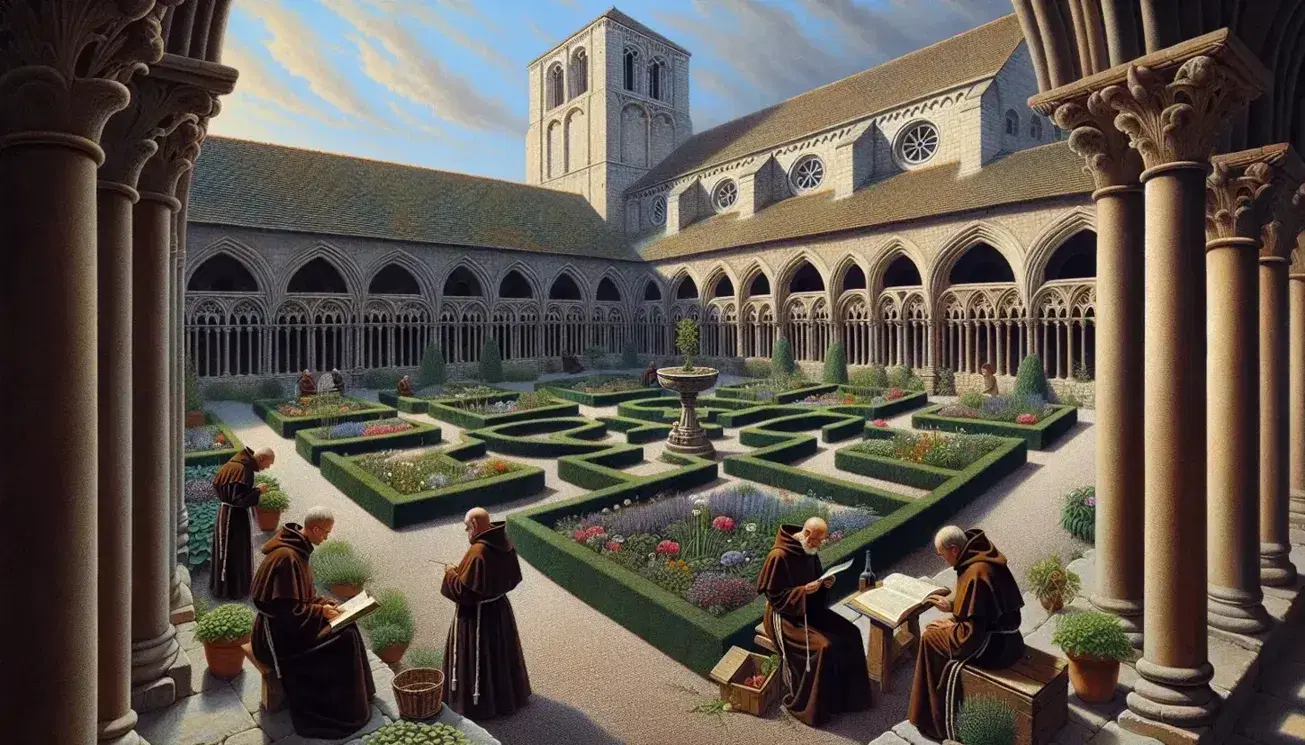 Chiostro medievale benedettino con monaci, giardino geometrico, colonne in pietra e chiesa romanica sullo sfondo, in un'atmosfera serena.