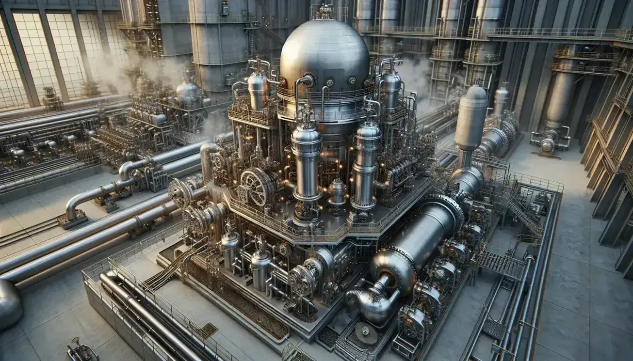 Industrial machinery with steam engine in action, engineers at work, pipes and cooling tower in a foggy background.