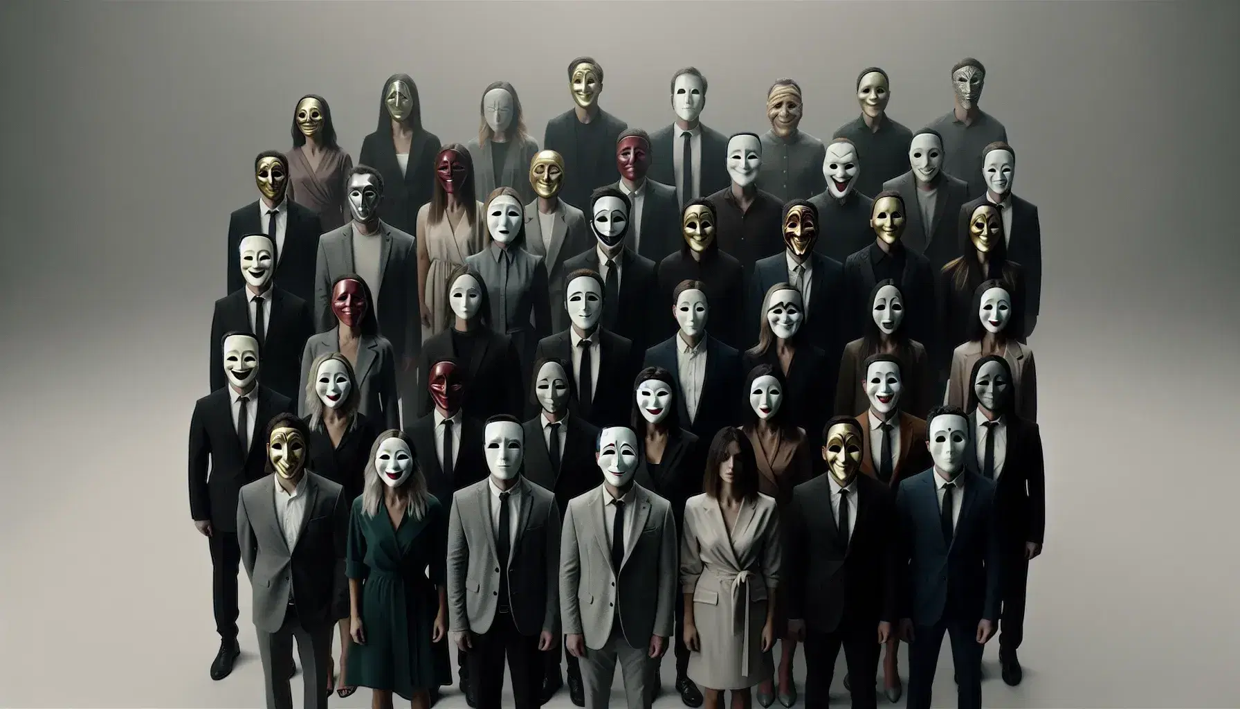 Gruppo di persone in abiti formali con maschere teatrali espressive in semicerchio, riflettendo emozioni umane diverse.