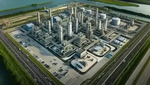 Vista aérea de planta industrial en funcionamiento con tanques cilíndricos y torres metálicas, rodeada de caminos y vegetación, junto a un cuerpo de agua.