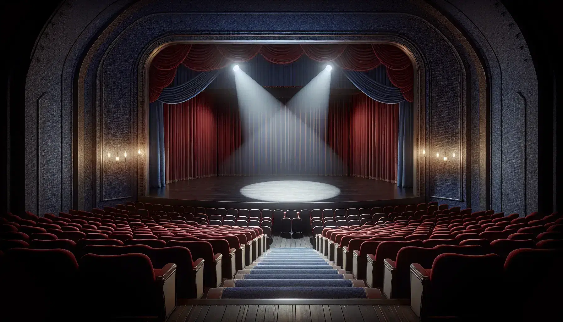 Escenario de teatro vacío con asientos de terciopelo rojo, cortinas azules y un foco central iluminando el espacio para actores.