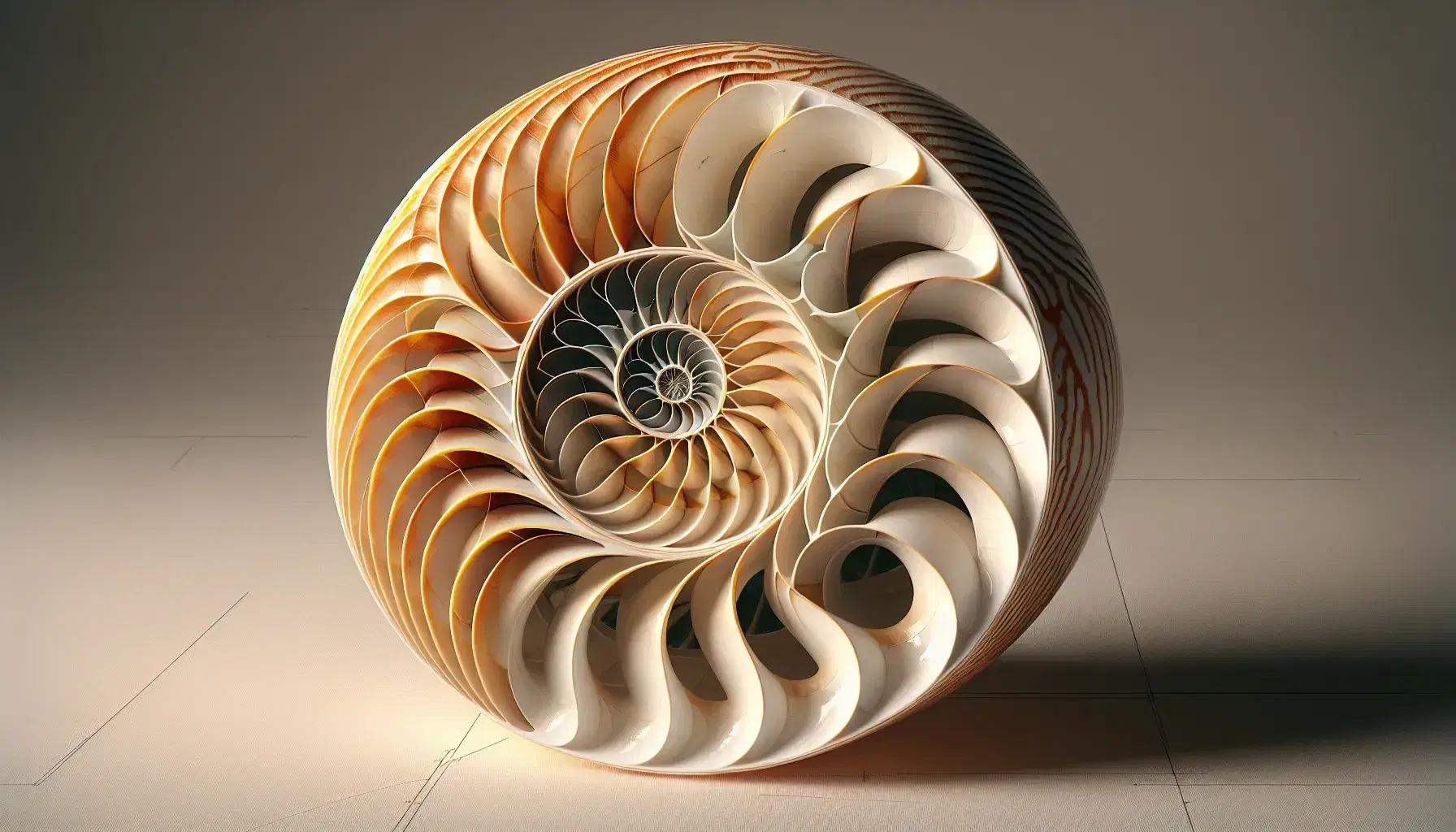 Close-up view of a nautilus shell cross-section revealing a natural spiral and chambered design with a gradient from creamy white to dark brown.