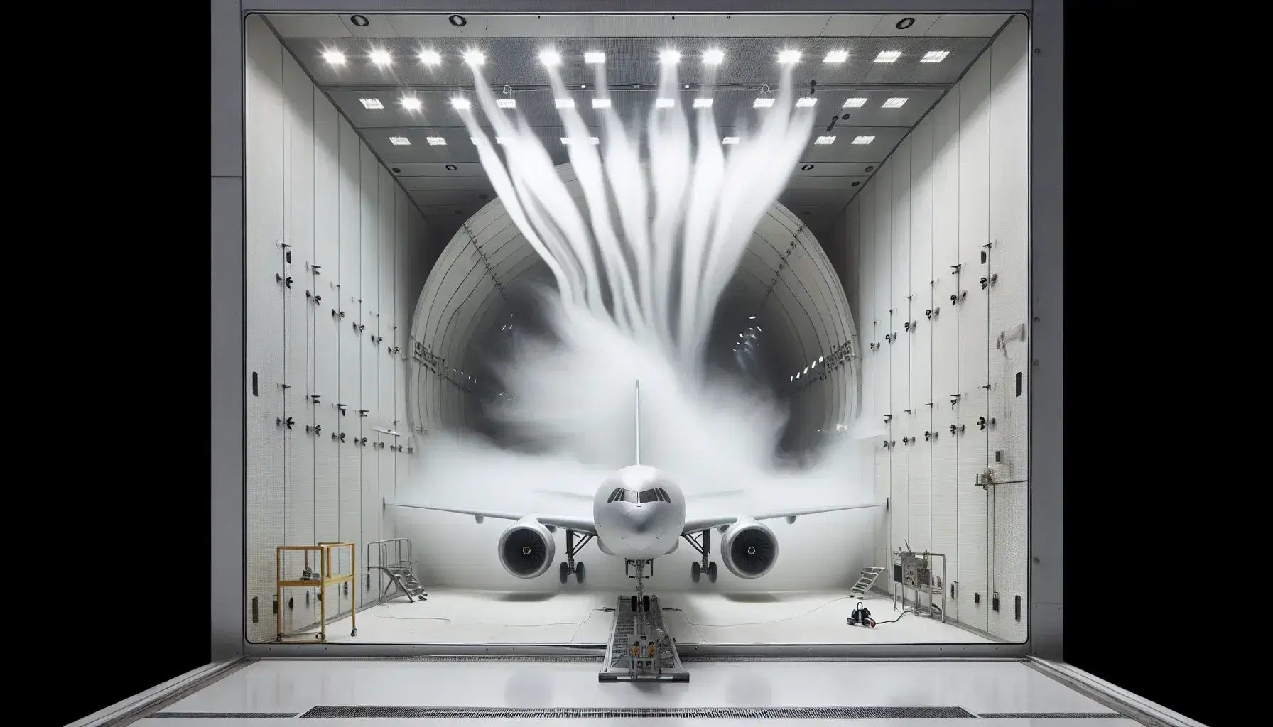 Modelo de avión en túnel de viento transparente con líneas de humo que muestran el flujo de aire, iluminado y sin presencia de personas.