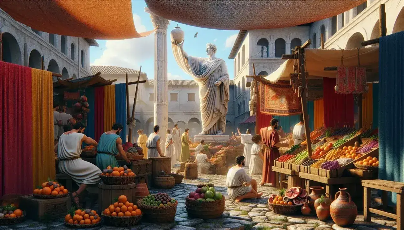 Mercato romano antico all'aperto con statua di governatore, banchi di frutta, anfore e tessuti colorati, e persone che contrattano.