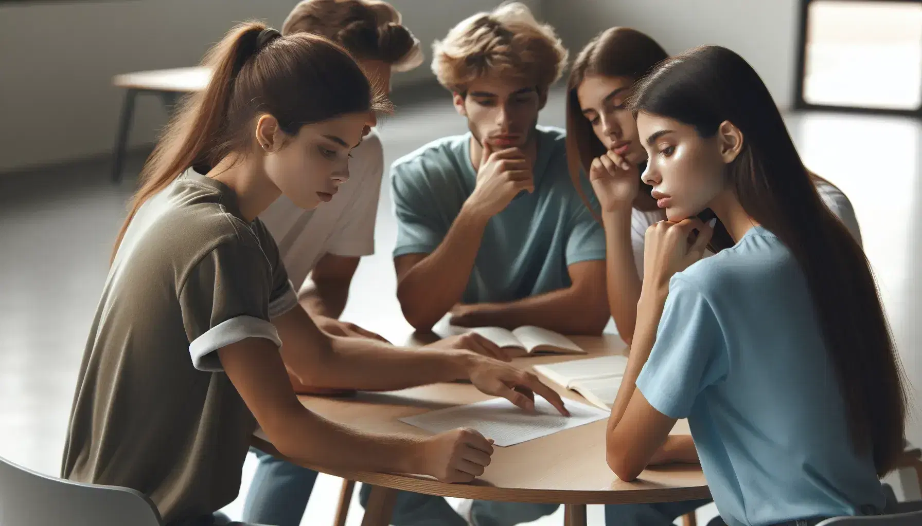 Estudiantes concentrados alrededor de una mesa redonda en una sesión de estudio, interactuando con un objeto central no visible.