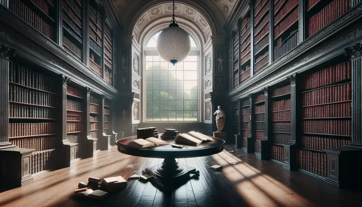 Biblioteca antica con scaffali in legno scuro pieni di libri rilegati, tavolo ovale centrale, lampada pendente e finestra con vista giardino.