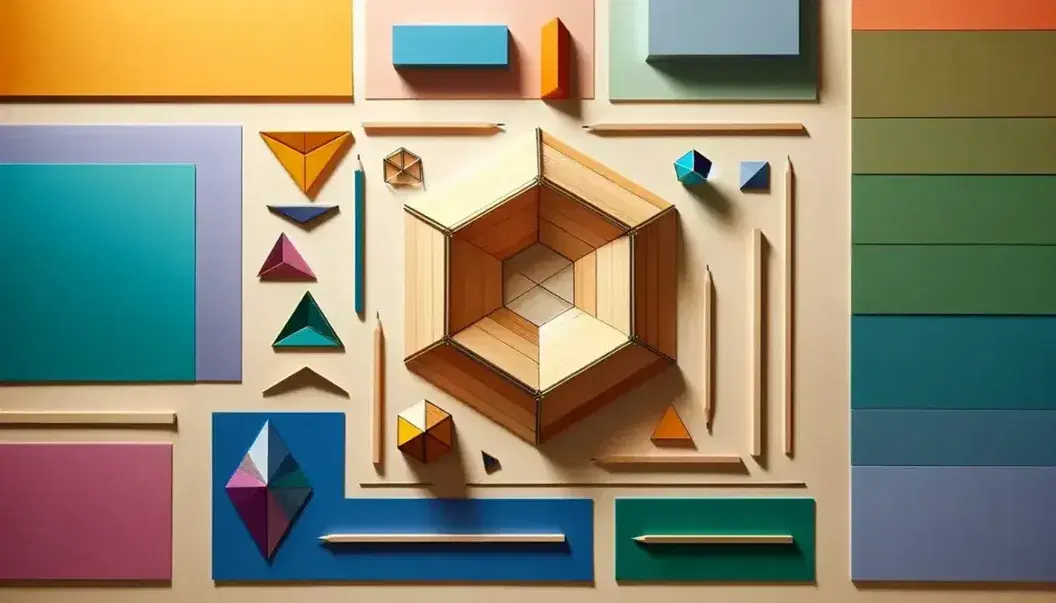 Esagono in legno circondato da quadrilateri colorati e triangoli su sfondo neutro con strumenti di geometria.