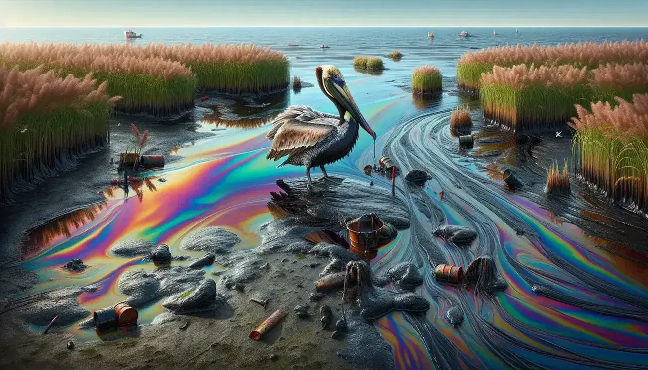 Brown pelican with half-open wings over oil-polluted mud, oily marsh grass and iridescent water in a coastal tidal scene at dawn or dusk.