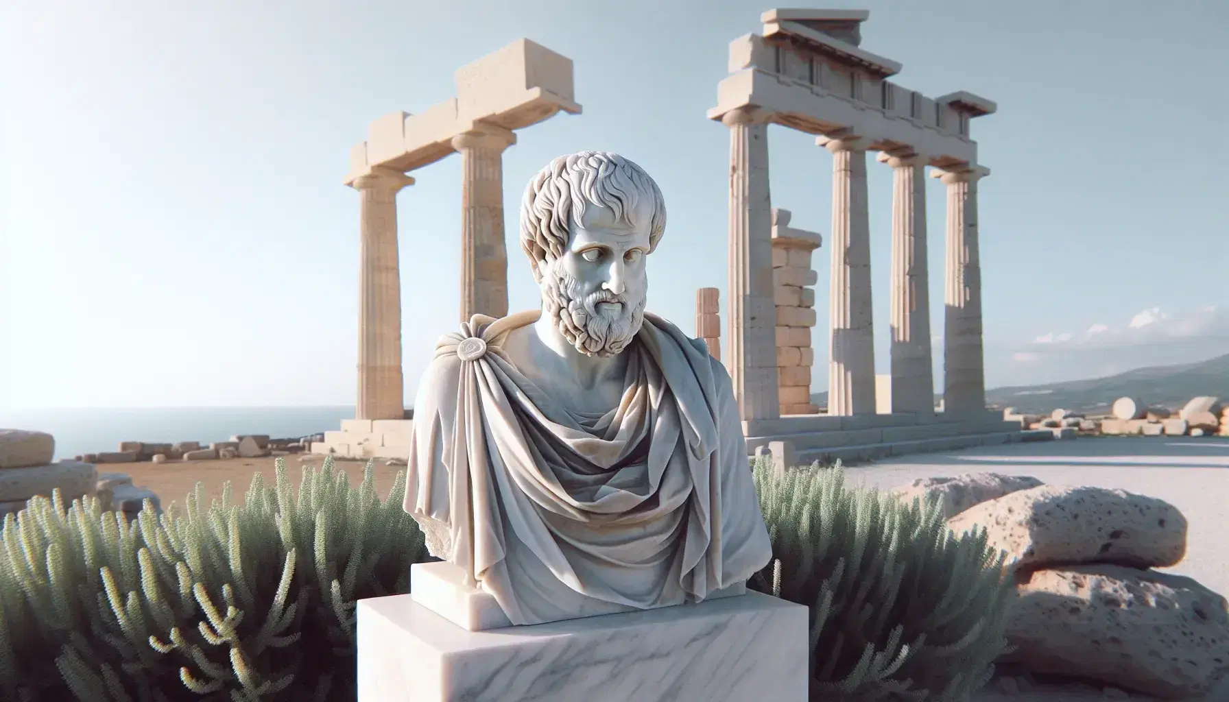 Estatua de mármol blanco de Aristóteles con expresión pensativa, rodeada de columnas dóricas y vegetación, bajo un cielo azul claro.