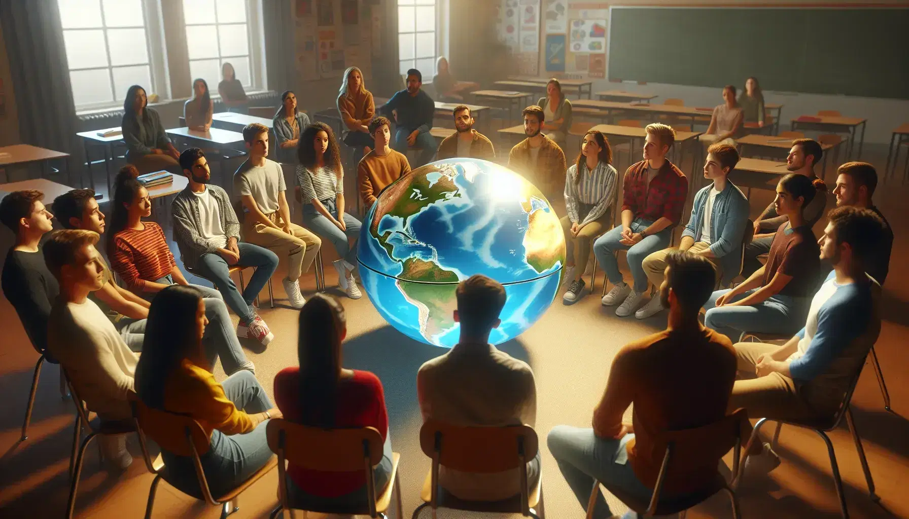 Grupo diverso de estudiantes sentados en círculo en un aula con un globo terráqueo en el centro, mostrando interés en la explicación de un compañero.