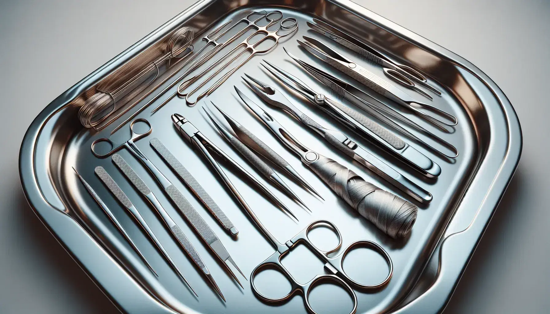 Bandeja de acero inoxidable con instrumentos quirúrgicos organizados, incluyendo pinzas de disección, escalpelo, tijeras quirúrgicas, separador y pinza hemostática, junto a hilos quirúrgicos.