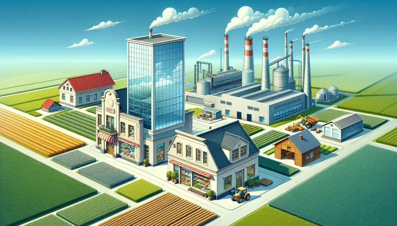 Paesaggio economico diversificato con piccolo negozio, edificio aziendale moderno, fabbrica inattiva e campo agricolo con trattore.