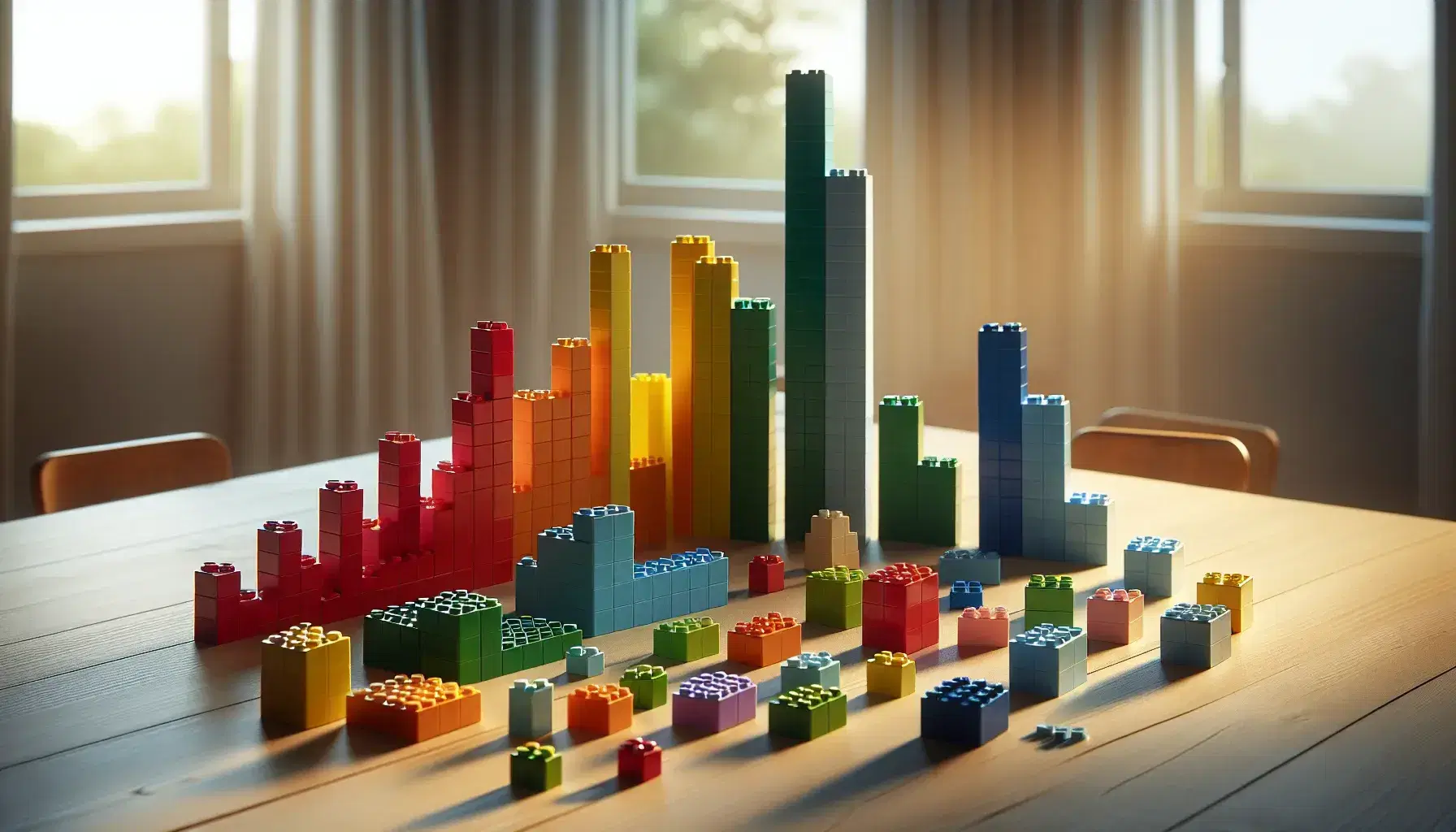 Bloques de construcción de plástico de colores variados formando una torre y esparcidos sobre una mesa de madera clara bajo luz natural.