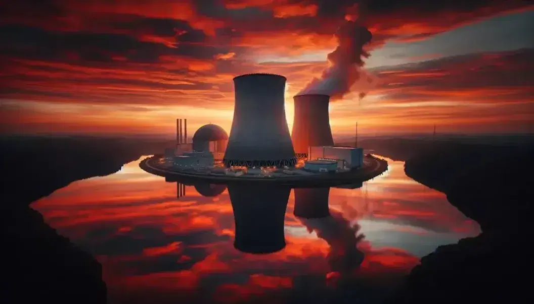 Centrale nucleare al tramonto con torri di raffreddamento che si stagliano contro un cielo infuocato e il loro riflesso nell'acqua.